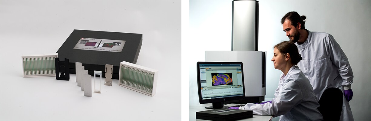 写真左：卓上MALDIイメージングキット　　写真右：「MALDI-8030」によるMSイメージングの様子