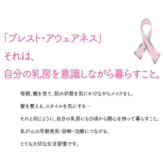 「ブレスト・アウェアネス」それは、自分の乳房を意識しながら暮らすこと。毎朝、鏡を見て、肌の状態を気にかけながらメイクをし、髪を整える、スタイルを気にする…それと同じように、自分の乳房にも日頃から関心を持って暮らすこと。乳がんの早期発見・診断・治療につながる、とても大切な生活習慣です。