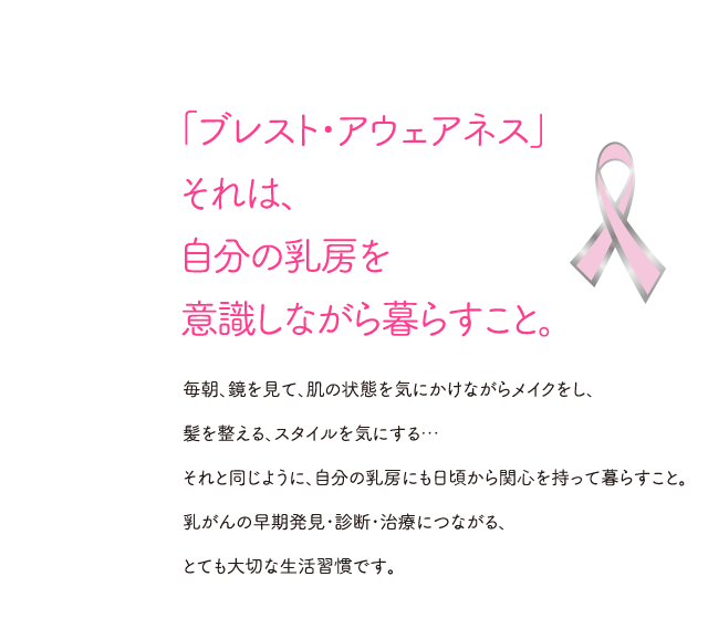 「ブレスト・アウェアネス」それは、自分の乳房を意識しながら暮らすこと。毎朝、鏡を見て、肌の状態を気にかけながらメイクをし、髪を整える、スタイルを気にする…それと同じように、自分の乳房にも日頃から関心を持って暮らすこと。乳がんの早期発見・診断・治療につながる、とても大切な生活習慣です。