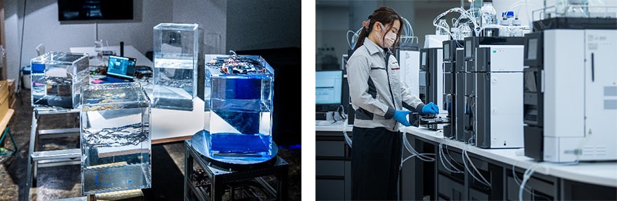 写真：制作途中の様子（左）と作品のインスピレーションとなった液体クロマトグラフ（右）