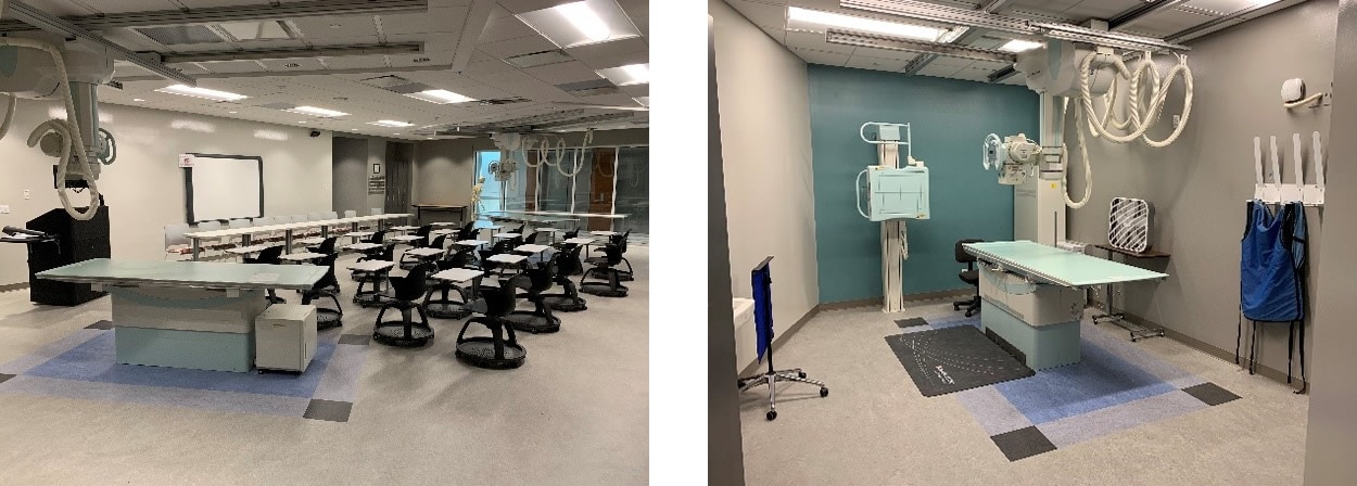 施設内の講義室などにX線診断装置が複数設置。右写真は模擬検査室。