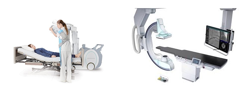 回診用デジタルX線撮影装置（左）と血管撮影システム（右）