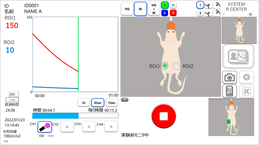 撮影中のソフトウェア画面イメージ（左：近赤外蛍光強度グラフ、右：重ね合わせ画像）