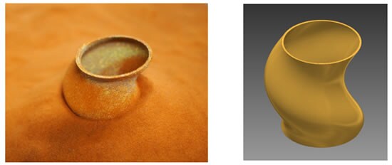 高出力・高輝度青色半導体レーザーにより3Dプリンティングした純銅のサンプル(左)と 元にした3Dモデル(右)。写真左のサンプルは下半分が銅粉内に埋もれている状態。