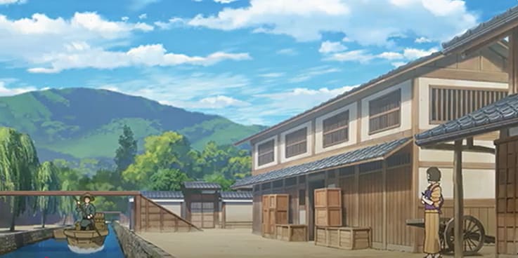 創業当時の島津製作所（現在は資料館）と、近くを流れる高瀬川の風景