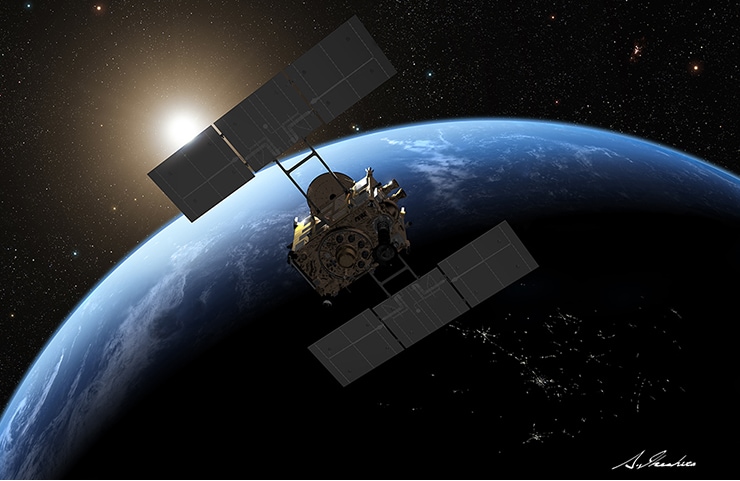 地球をスイングバイする小惑星探査機「はやぶさ2」 イラスト（©池下章裕）